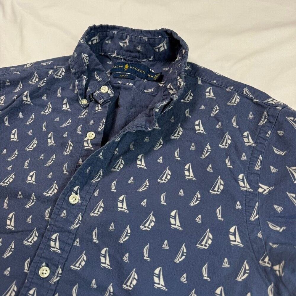 Ralph Lauren All Over Print Sailboat Mens M Slim Fit Button Up Short Sleeve Blue
